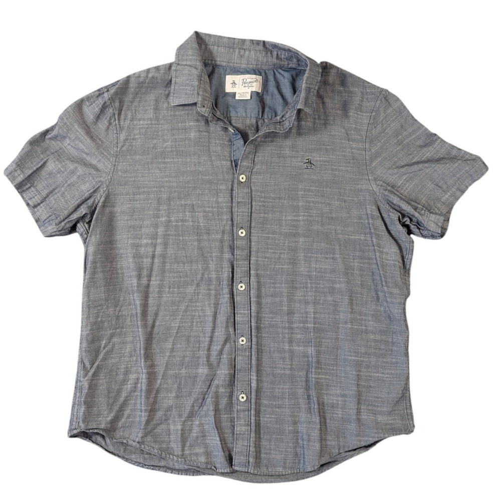 Original Penguin Mens XL Blue Short Sleeve Button Down Shirt Chambray Style Logo